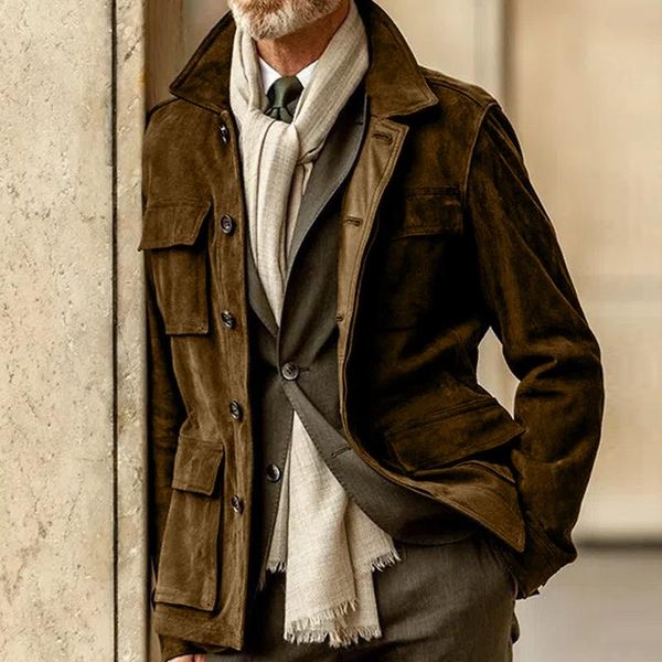 men's jackets fall winter warm casual long sleeve turn-down collar mens fashion solid color suede coats men vintage buttoned outerwear, Black;brown